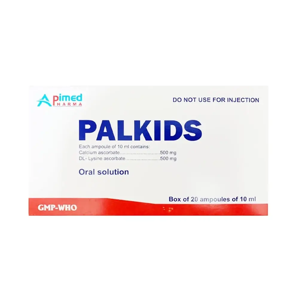 PALKIDS (Calci ascorbat/DL-Lysin ascorbat 250 mg/250 mg) Apimed 20 Ống x 10ml