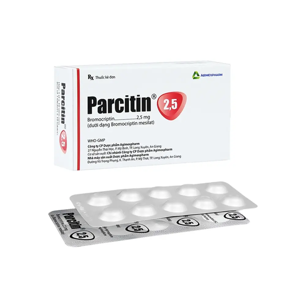 Parcitin 2.5 (Bromocriptine 2.5 mg) Agimexpharm 3 vỉ x 10 viên