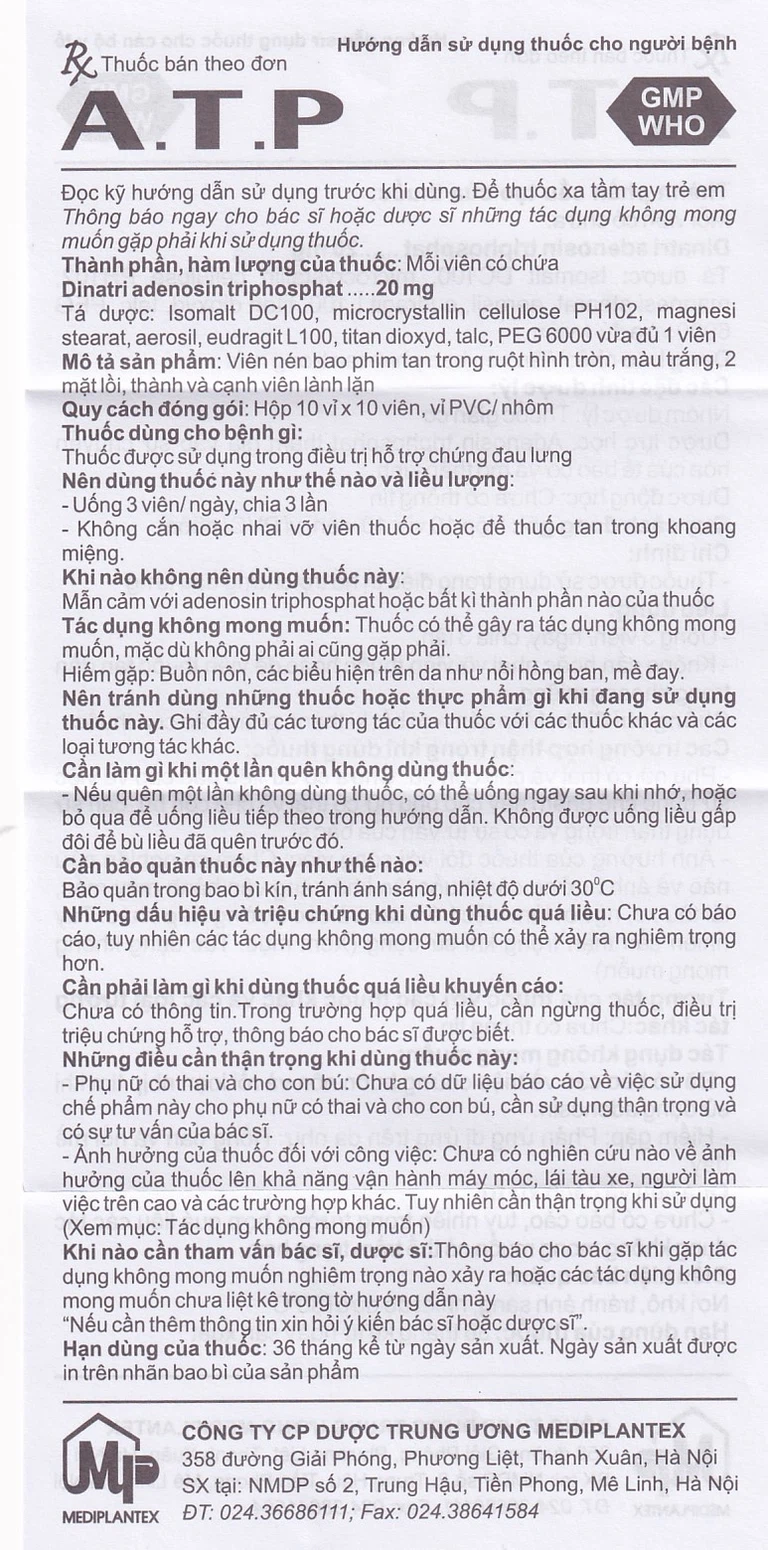 Thuốc A.T.P 20mg Mediplantex điều trị suy tim, hoạt động cơ kém, bệnh lý dạ dày (10 vỉ x 10 viên)