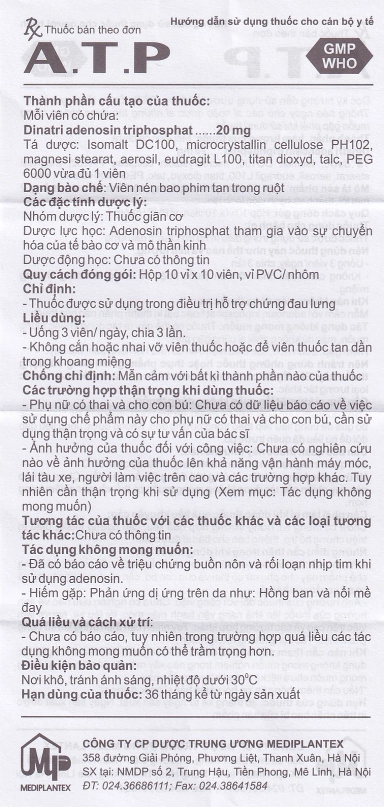 Thuốc A.T.P 20mg Mediplantex điều trị suy tim, hoạt động cơ kém, bệnh lý dạ dày (10 vỉ x 10 viên)