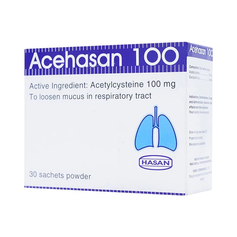 Thuốc bột Acehasan 100 Hasan làm loãng đờm trong các bệnh phế quản - phổi cấp và mãn tính (30 gói)