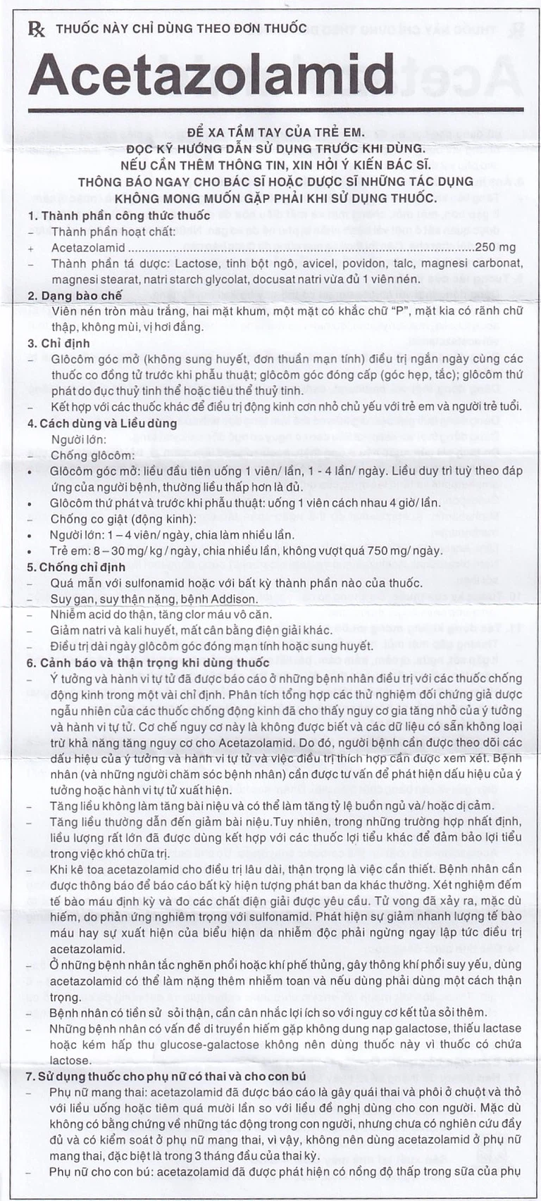 Thuốc Acetazolamid 250mg Pharmedic điều trị glôcôm và động kinh nhẹ (10 vỉ x 10 viên)
