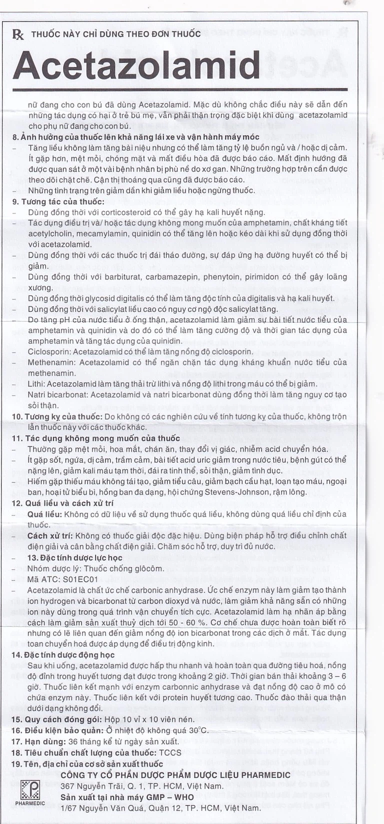 Thuốc Acetazolamid 250mg Pharmedic điều trị glôcôm và động kinh nhẹ (10 vỉ x 10 viên)