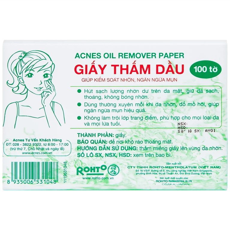 Giấy thấm dầu Acnes Oil Remover Paper giúp kiểm soát nhờn, ngăn ngừa mụn (100 tờ)