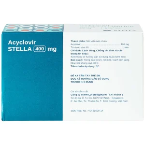 Thuốc Acyclovir Stella 400mg điều trị nhiễm Herpes simplex, Herpes zoster, thủy đậu (7 vỉ x 5 viên)