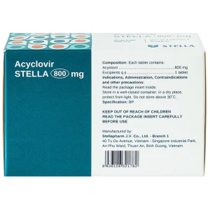 Thuốc Acyclovir Stella 800mg điều trị nhiễm Herpes simplex, Herpes zoster, thủy đậu (7 vỉ x 5 viên)
