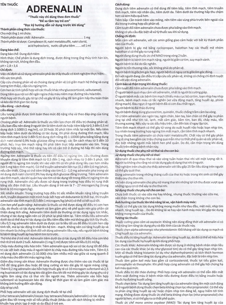 Dung dịch tiêm Adrenalin 1mg/1ml hồi sức tim phổi, cấp cứu choáng phản vệ (2 vỉ x 5 ống)