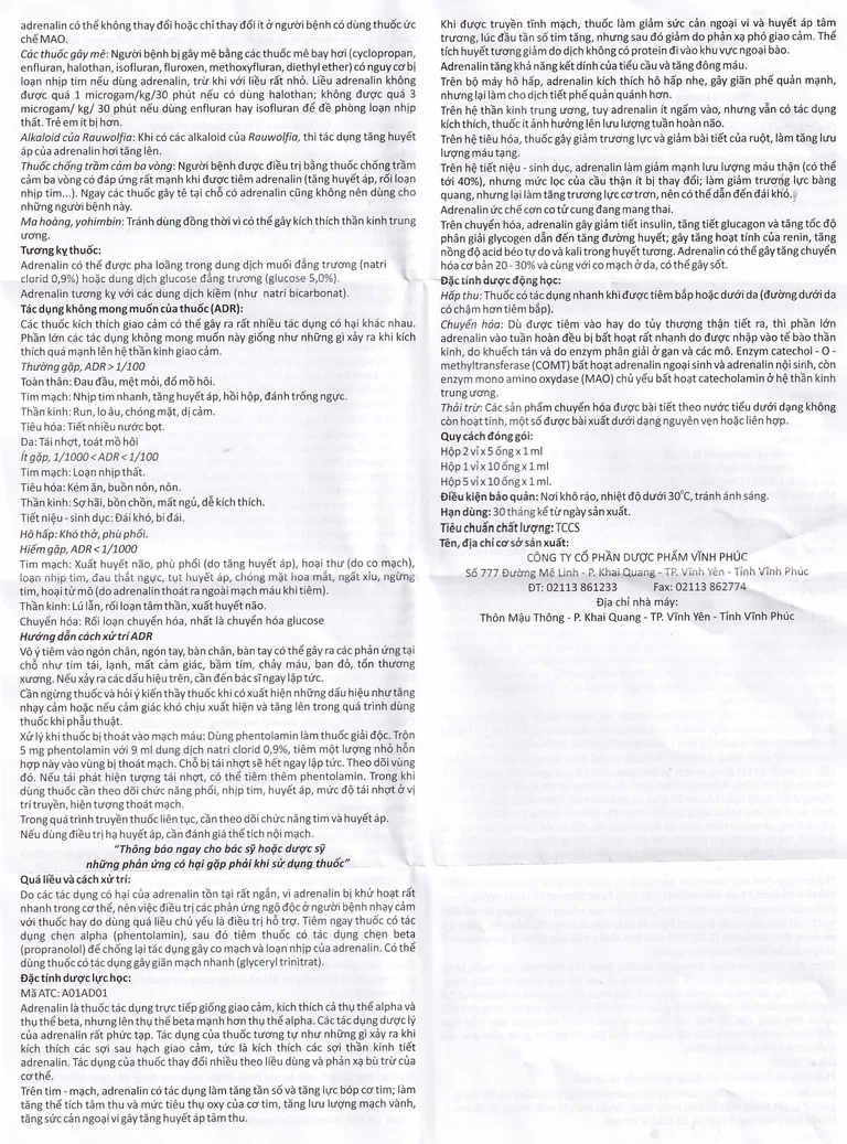 Dung dịch tiêm Adrenalin 1mg/1ml hồi sức tim phổi, cấp cứu choáng phản vệ (2 vỉ x 5 ống)
