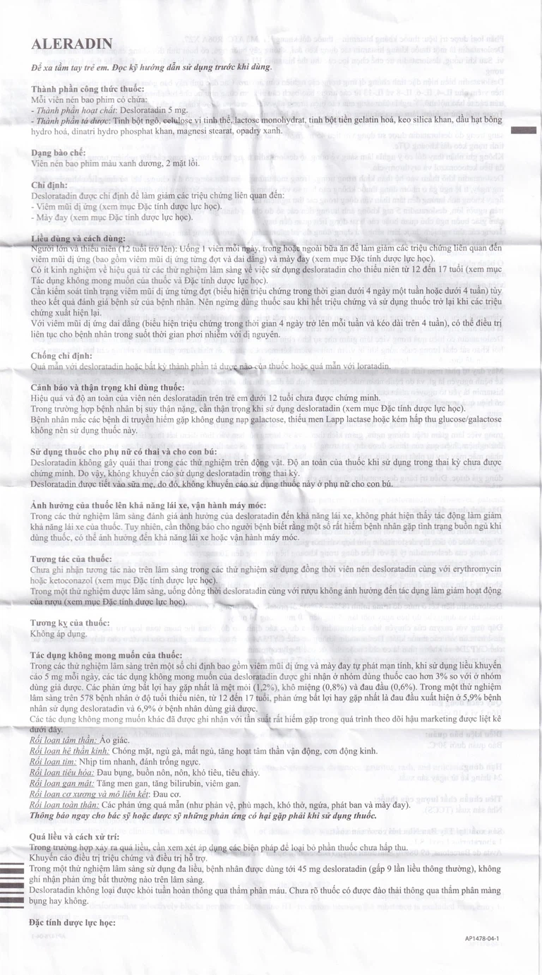 Thuốc Aleradin 5mg giảm các triệu chứng viêm mũi dị ứng theo mùa, mày đay (3 vỉ x 10 viên)