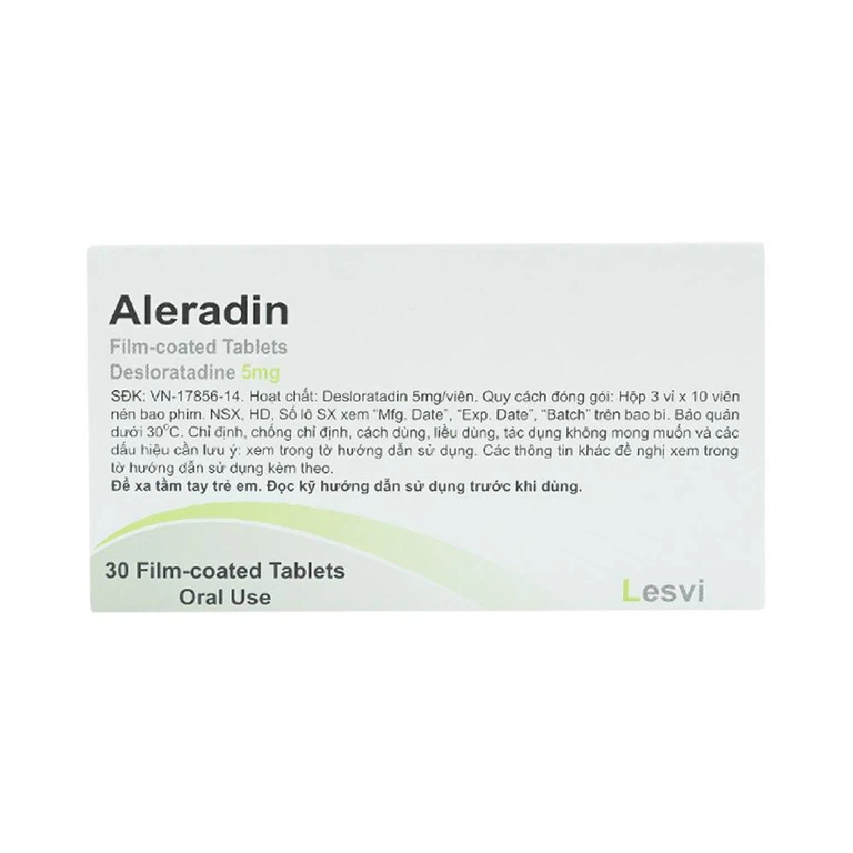 Thuốc Aleradin 5mg giảm các triệu chứng viêm mũi dị ứng theo mùa, mày đay (3 vỉ x 10 viên)