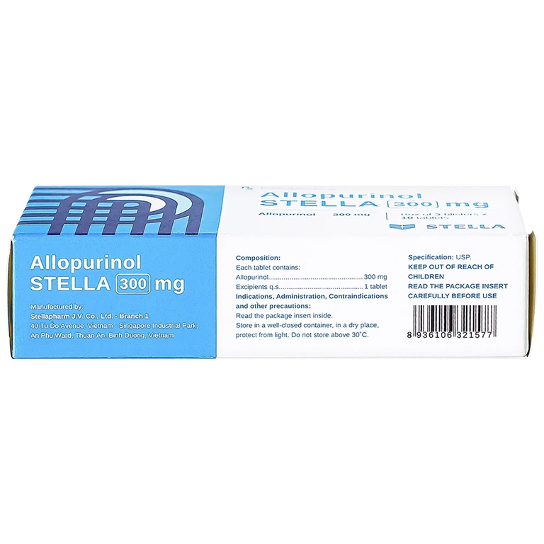 Thuốc Allopurinol Stella 300mg điều trị tăng acid uric máu, sỏi thận (3 vỉ x 10 viên)