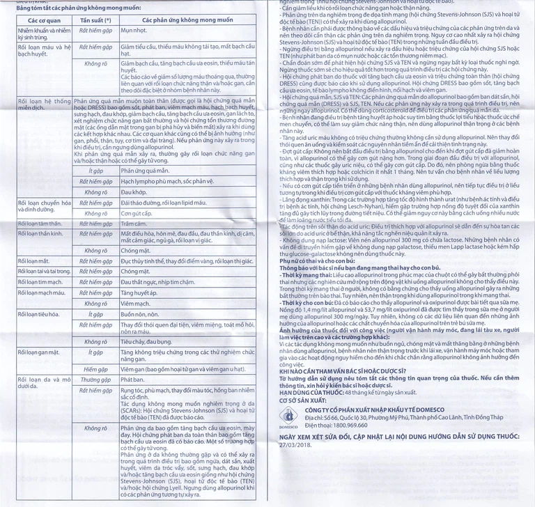 Thuốc Allopurinol 300mg Domesco điều trị tăng acid uric máu, sỏi thận (100 viên)