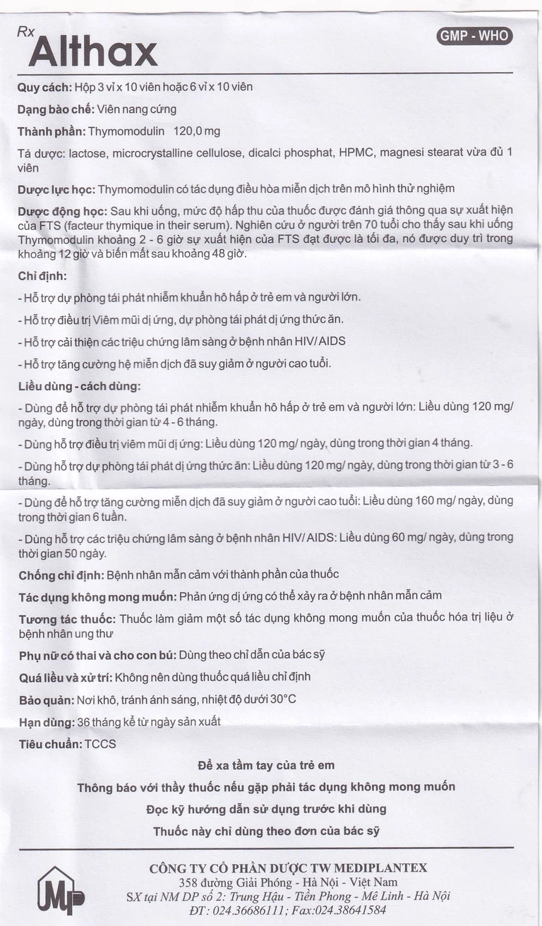 Thuốc Althax 120mg Mediplantex hỗ trợ điều trị viêm mũi dị ứng, nhiễm khuẩn hô hấp (3 vỉ x 10 viên)