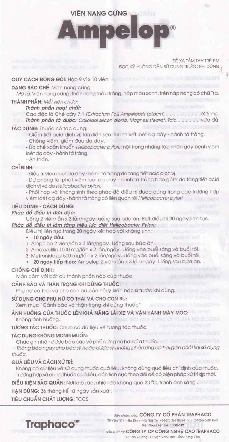 Thuốc Ampelop 625mg Traphaco điều trị viêm loét dạ dày, hành tá tràng (9 vỉ x 10 viên)