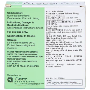 Thuốc Atasart Tablets 16mg Getz điều trị tăng huyết áp (4 vỉ x 7 viên)