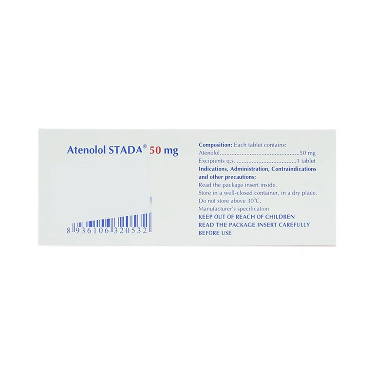 Thuốc Atenolol Stada 50 mg Stada điều trị tăng huyết áp, đau thắt ngực (10 vỉ x 10 viên)