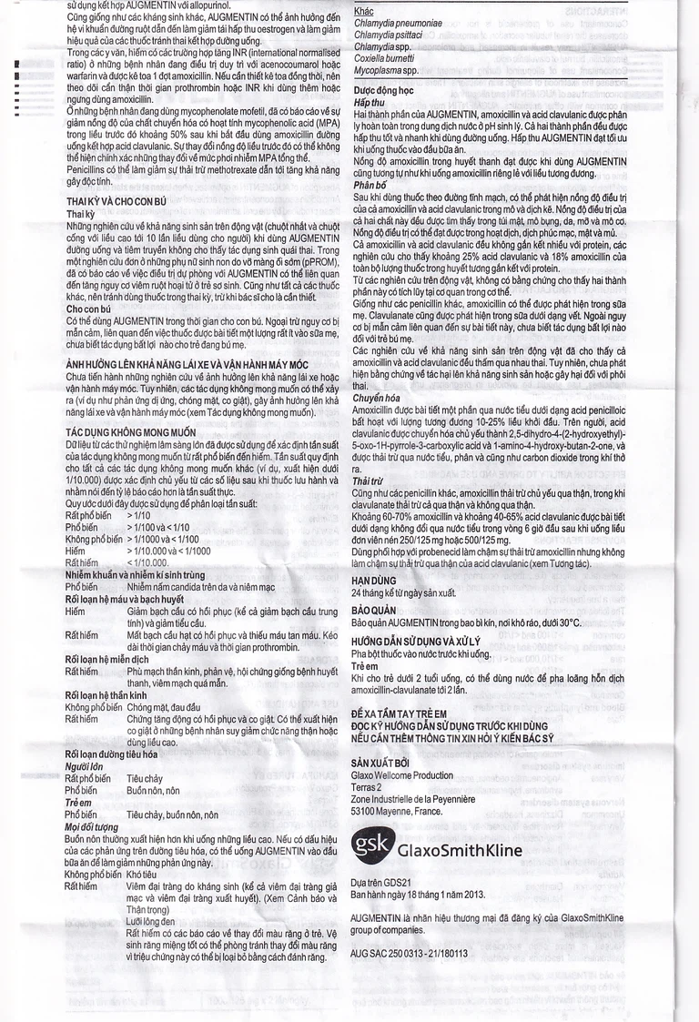 Bột Augmentin 250mg/31.25mg GSK điều trị nhiễm khuẩn (12 gói)