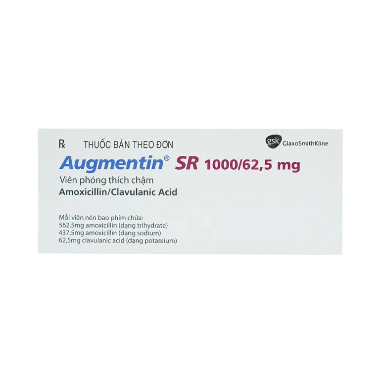 Thuốc Augmentin SR 1000/62.5mg Hanoi Pharma điều trị nhiễm khuẩn đường hô hấp (7 vỉ x 4 viên)
