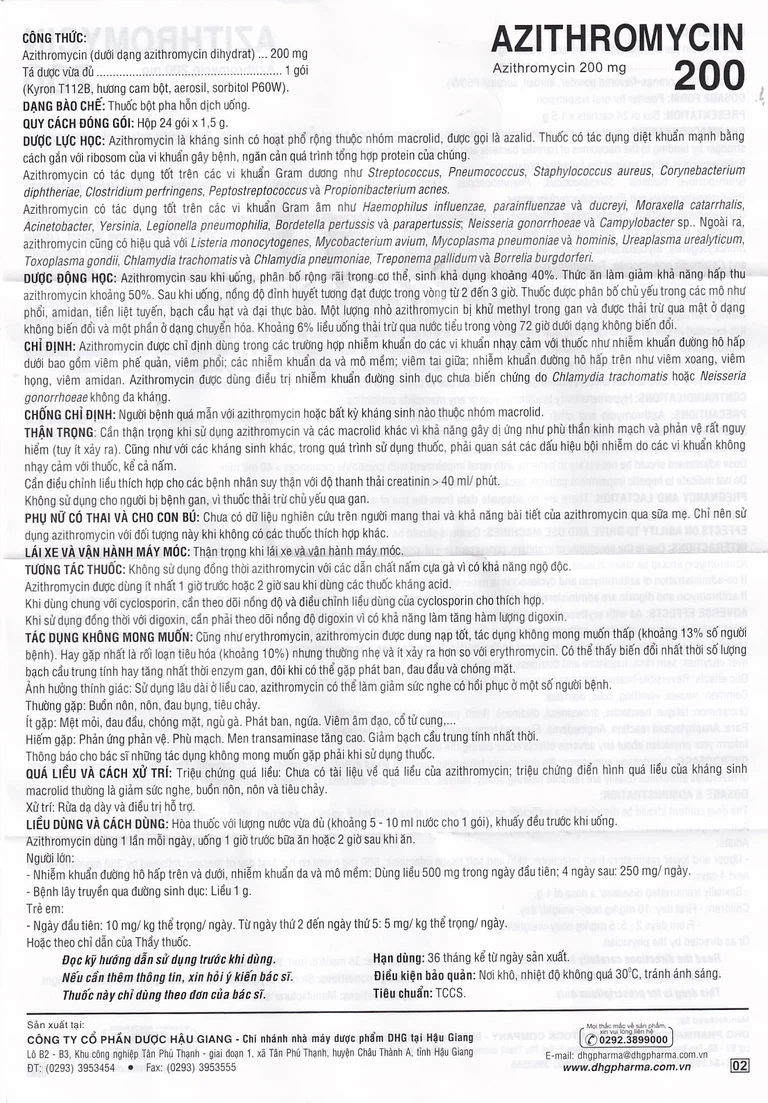 Bột Azithromycin 200 DHG điều trị nhiễm khuẩn (24 gói)