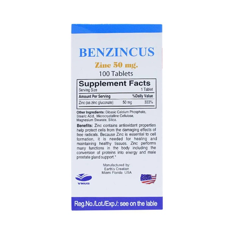 Viên uống Natural Ben Zincus 50mg bổ sung kẽm, hỗ trợ chức năng của tuyến tiền liệt (100 viên)