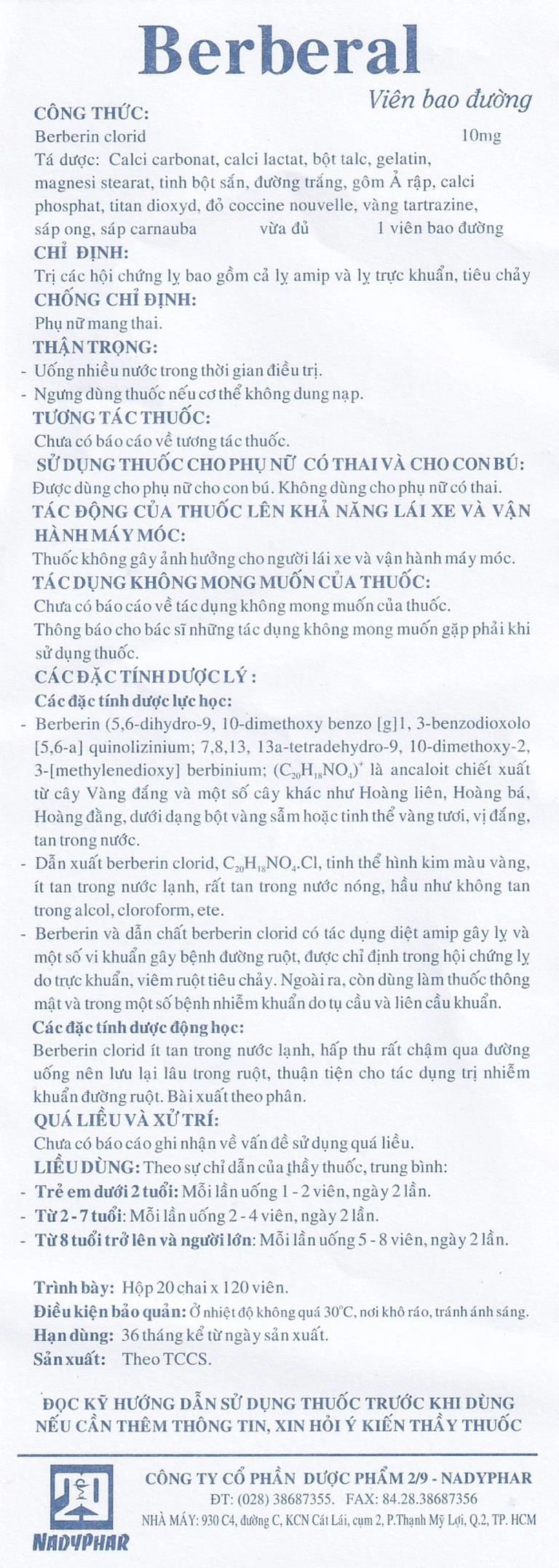 Thuốc Berberal 10mg Nadyphar điều trị các hội chứng lỵ (120 viên)
