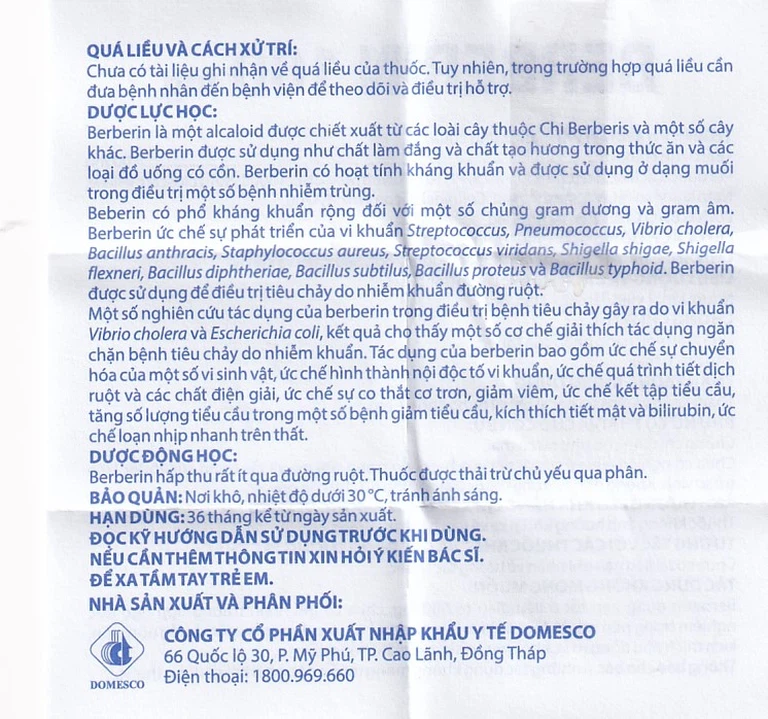 Thuốc Berberin 100mg Domesco điều trị nhiễm khuẩn đường ruột, tiêu chảy, kiết lỵ (100 viên)