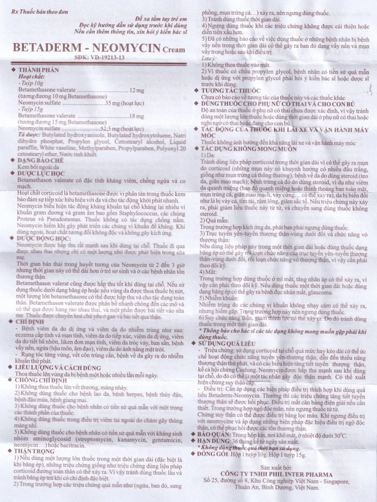 Kem bôi ngoài da Betaderm Neomycin Cream Phil điều trị các bệnh viêm da (10g)