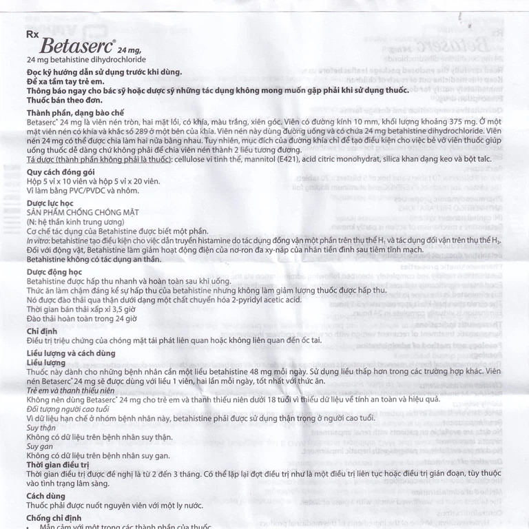 Thuốc Betaserc 24mg Abbott điều trị hội chứng Meniere (5 vỉ x 10 viên)