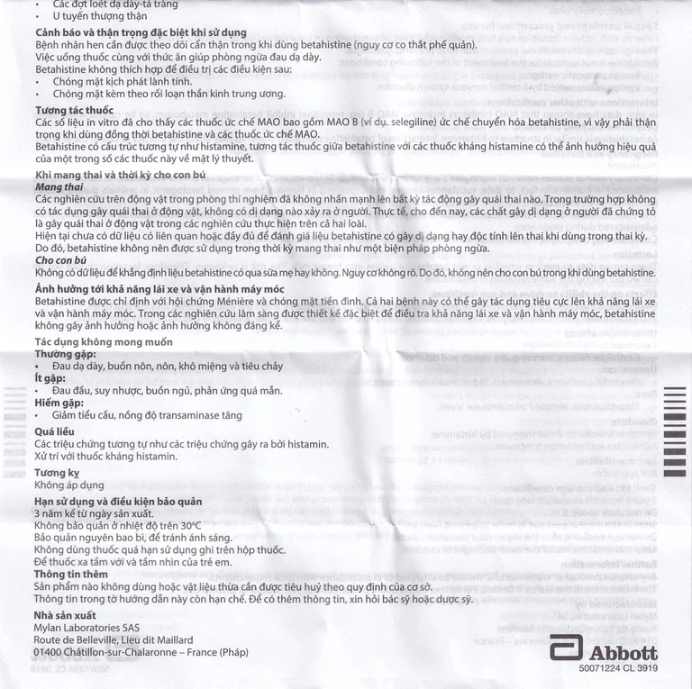 Thuốc Betaserc 24mg Abbott điều trị hội chứng Meniere (5 vỉ x 10 viên)