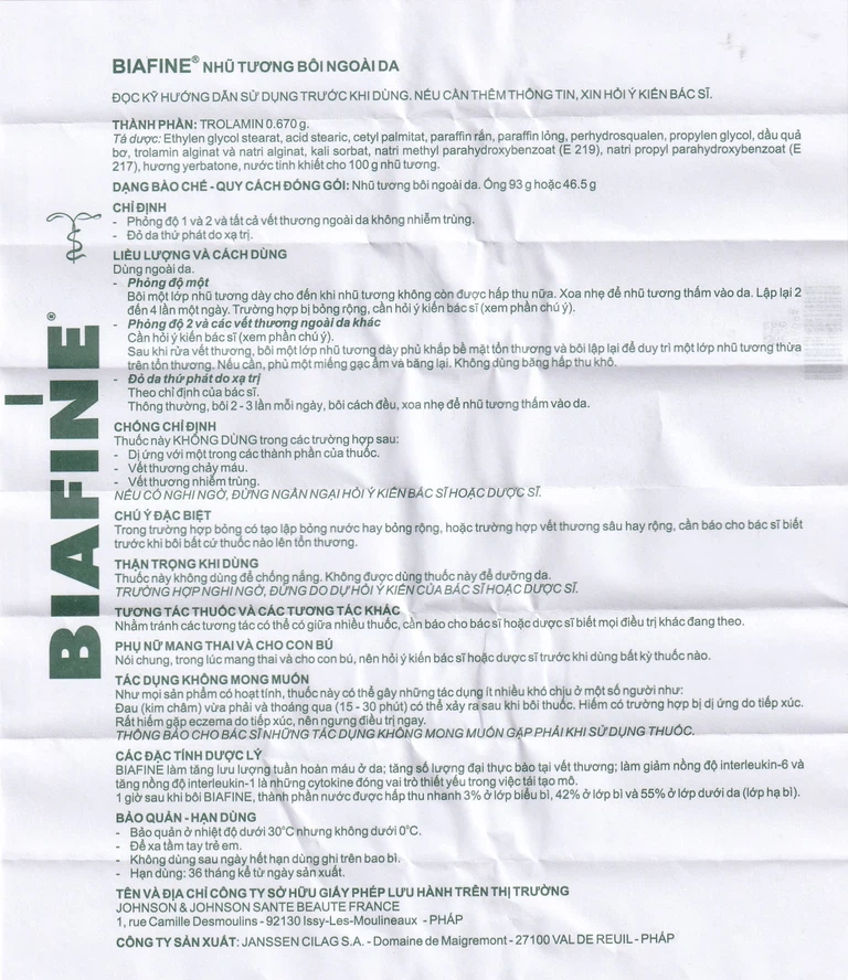 Nhũ tương Biafine Janssen điều trị bỏng độ 1, độ 2, các vết thương ngoài da không nhiễm trùng (46.5g)
