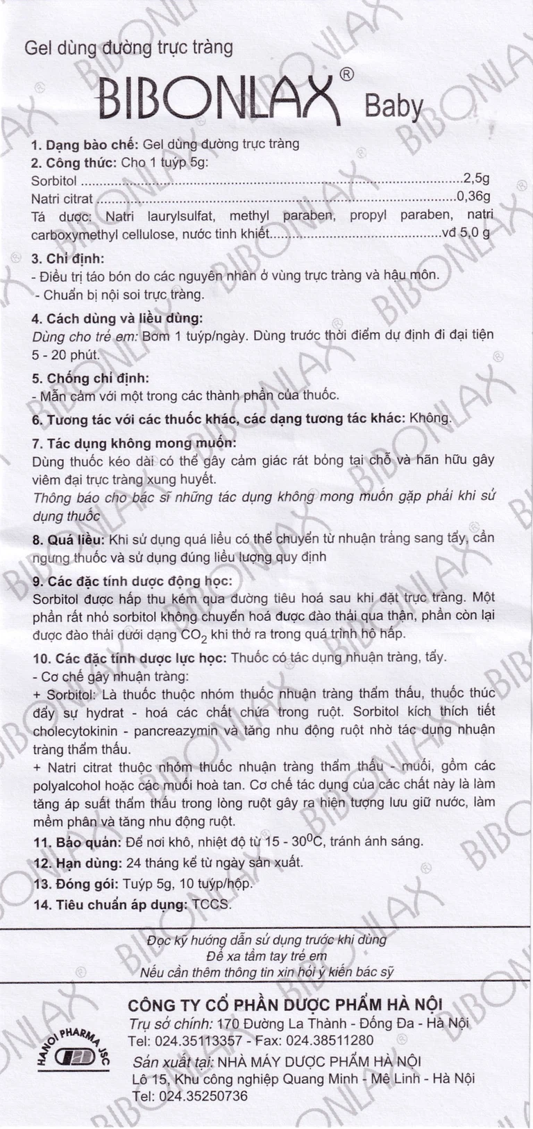 Gel dùng đường trực tràng Bibonlax Baby Hanoi Pharma điều trị táo bón (10 ống x 5g)