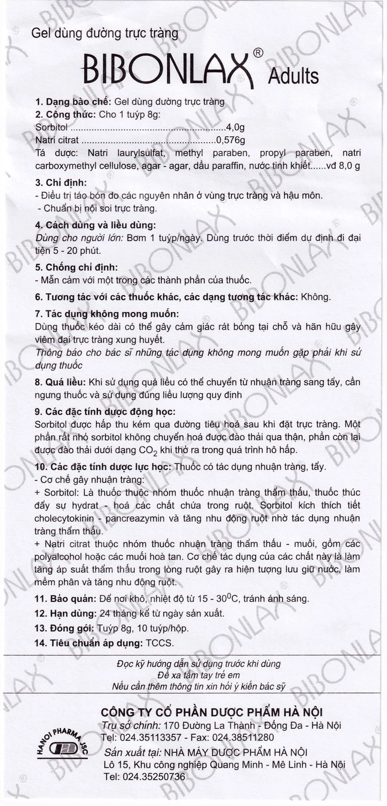 Gel dùng đường trực tràng Bibonlax Adults Hanoi Pharma điều trị táo bón (10 ống x 8g)
