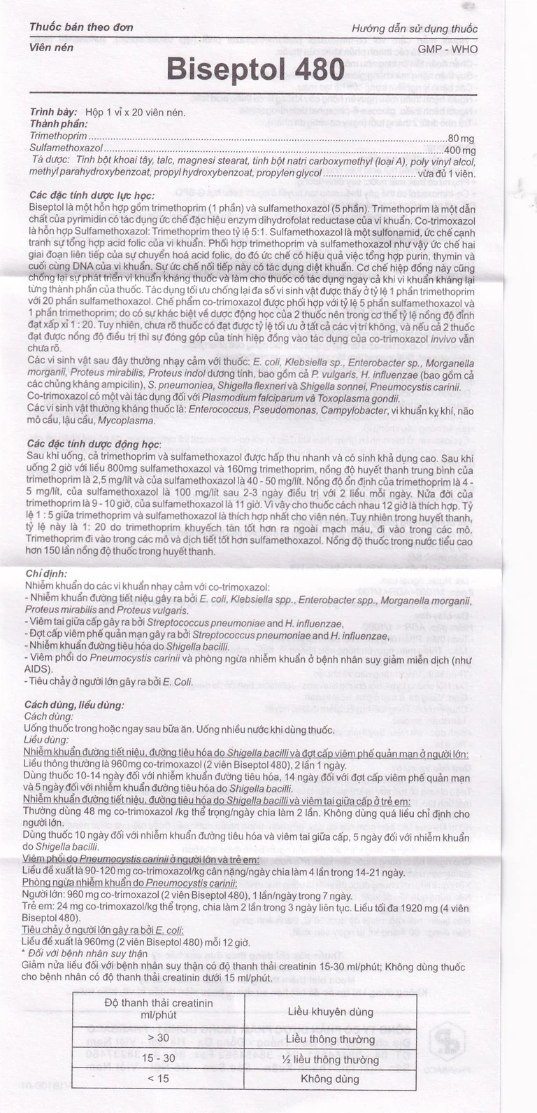 Thuốc Biseptol Pharbaco điều trị nhiễm khuẩn do các vi khuẩn nhạy cảm (1 vỉ x 20 viên)