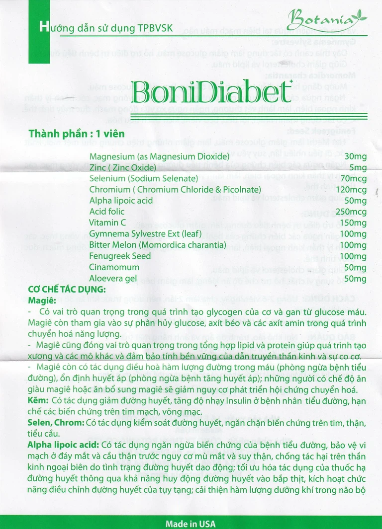 Viên uống BoniDiabet Botania hỗ trợ điều trị bệnh tiểu đường, làm giảm glucose máu (60 viên)