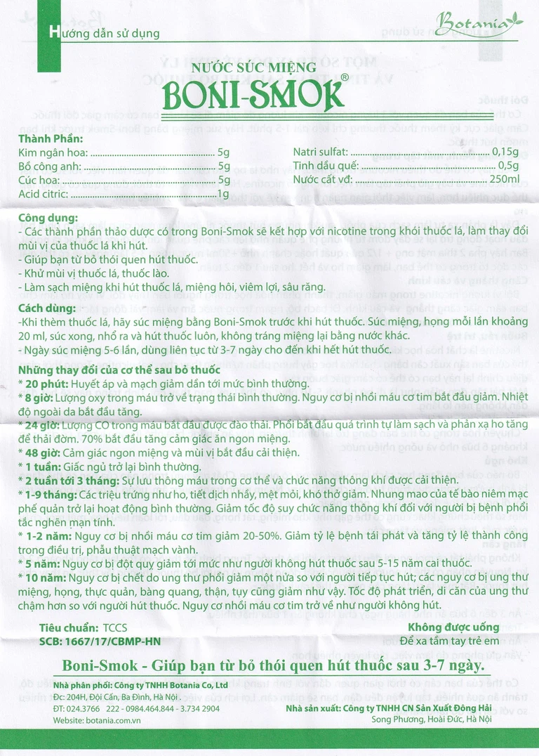 Nước súc miệng Boni-Smok làm thay đổi mùi vị thuốc lá khi hút, giúp bạn sớm bỏ thuốc lá (250ml)