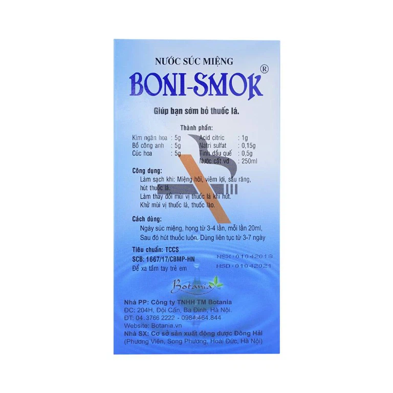 Nước súc miệng Boni-Smok làm thay đổi mùi vị thuốc lá khi hút, giúp bạn sớm bỏ thuốc lá (250ml)