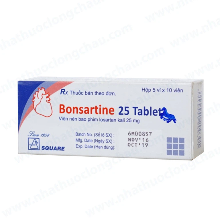 Thuốc Bonsartine 25 Tablet Square điều trị tăng huyết áp, đái tháo đường (5 vỉ x 10 viên)