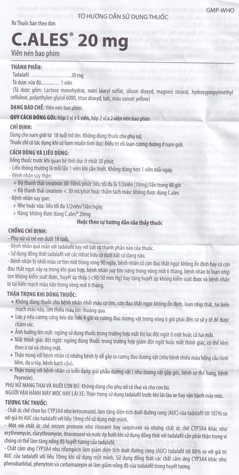 Thuốc C.ales 20mg Pharimexco điều trị rối loạn cương dương (1 viên)