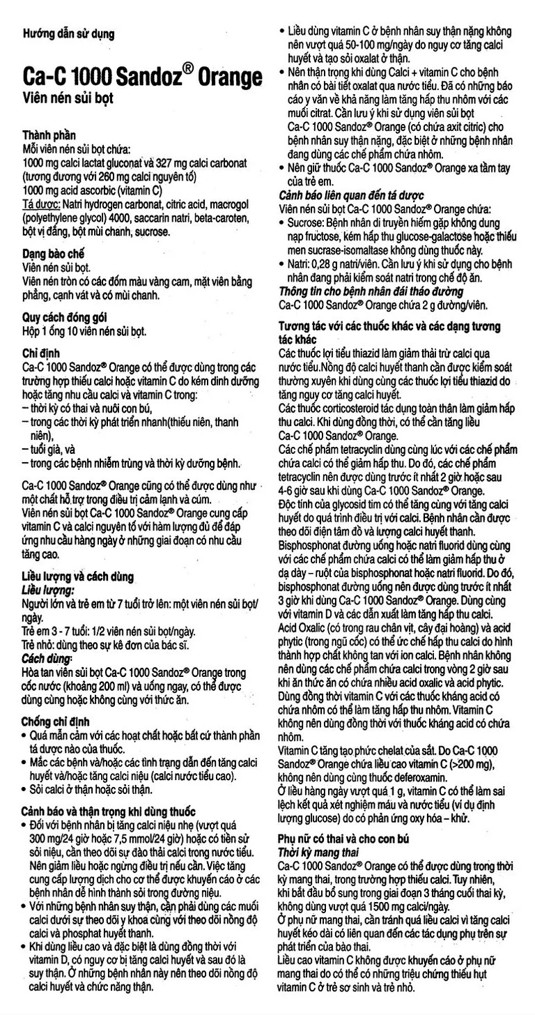 Viên sủi Ca-C 1000 Sandoz bổ sung Vitamin C, Canxi (10 viên)