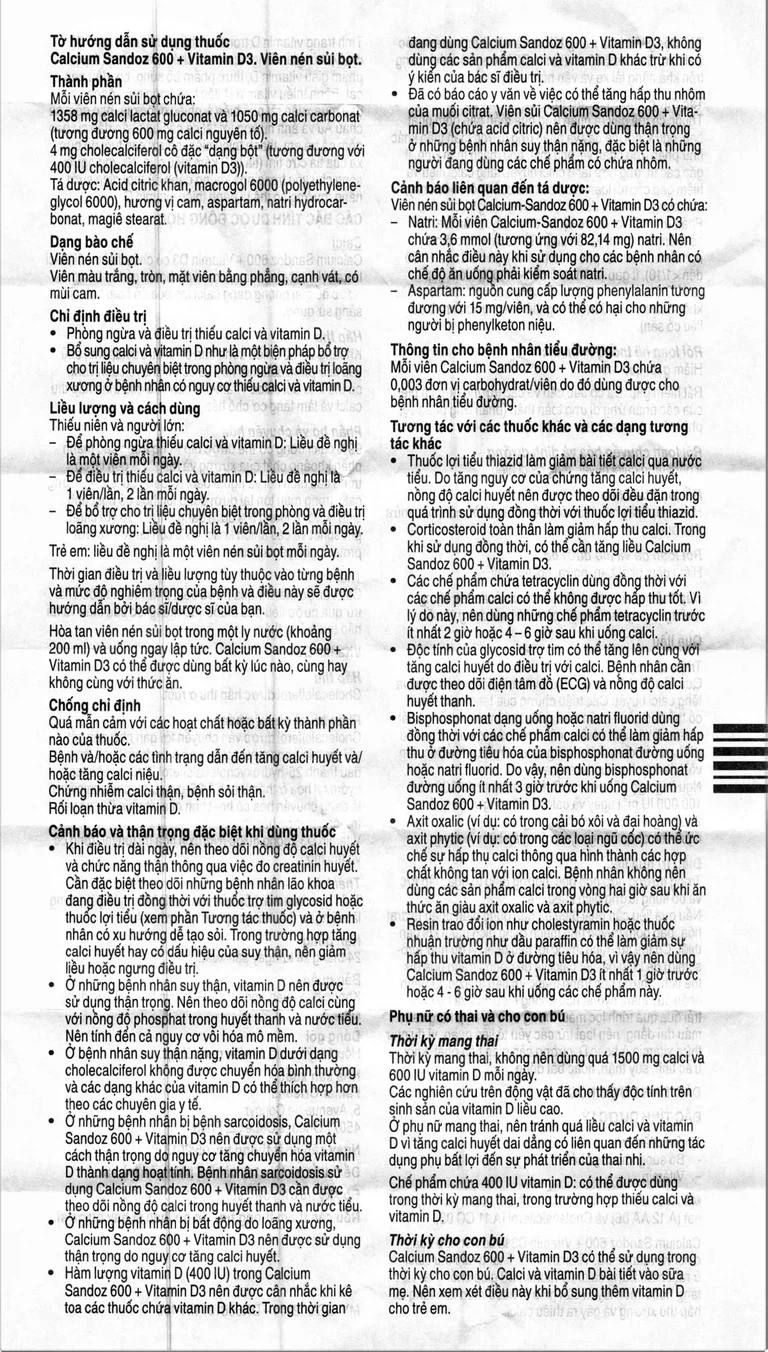 Viên sủi Calcium Sandoz 600 +Vitamin D3 phòng ngừa và điều trị thiếu canxi, vitamin D (10 viên)