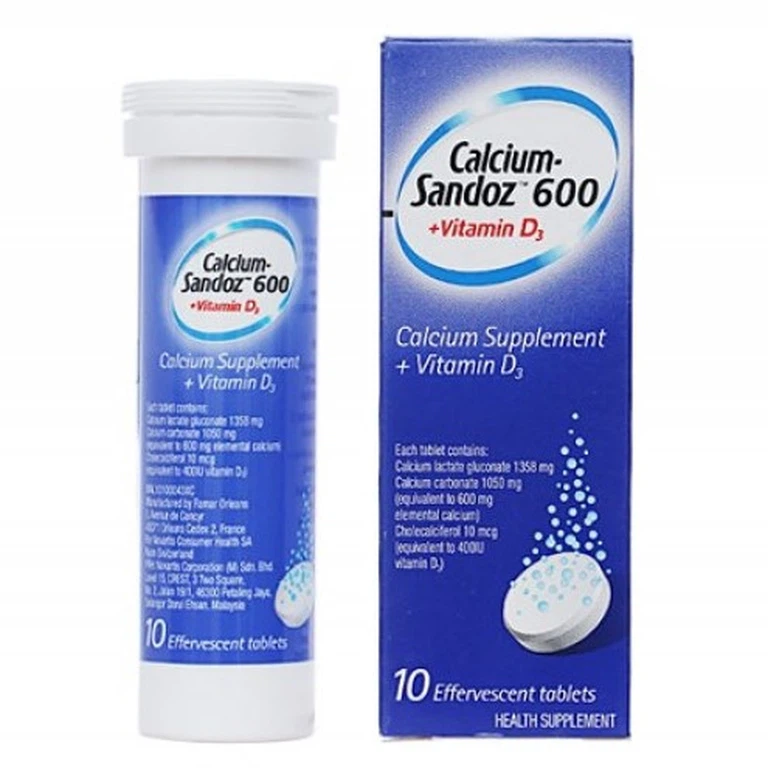 Viên sủi Calcium Sandoz 600 +Vitamin D3 phòng ngừa và điều trị thiếu canxi, vitamin D (10 viên)
