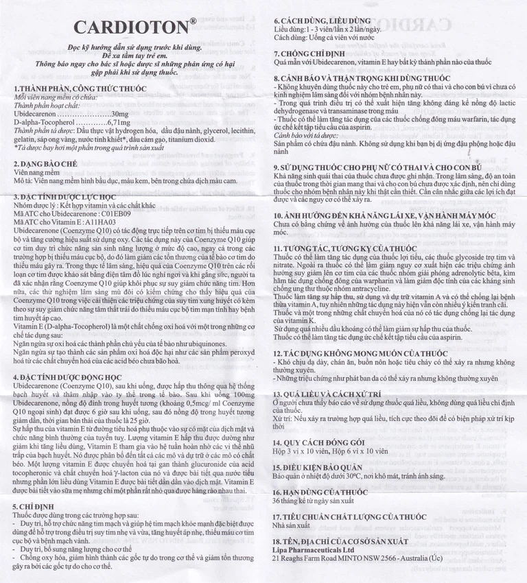 Thuốc Cardioton Lipa Pharmaceuticals điều trị suy tim, tăng huyết áp, thiếu máu cơ tim (3 vỉ x 10 viên)