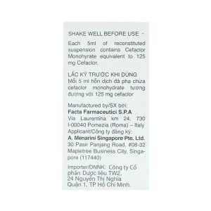 Bột pha hỗn dịch uống Ceclor 125mg Menarini điều trị nhiễm khuẩn (60ml)