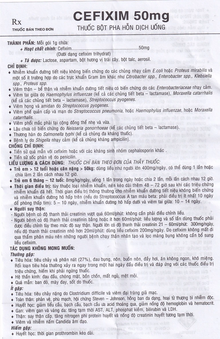 Bột pha hỗn dịch uống Cefixim 50mg Vidipha điều trị nhiễm khuẩn (10 gói)