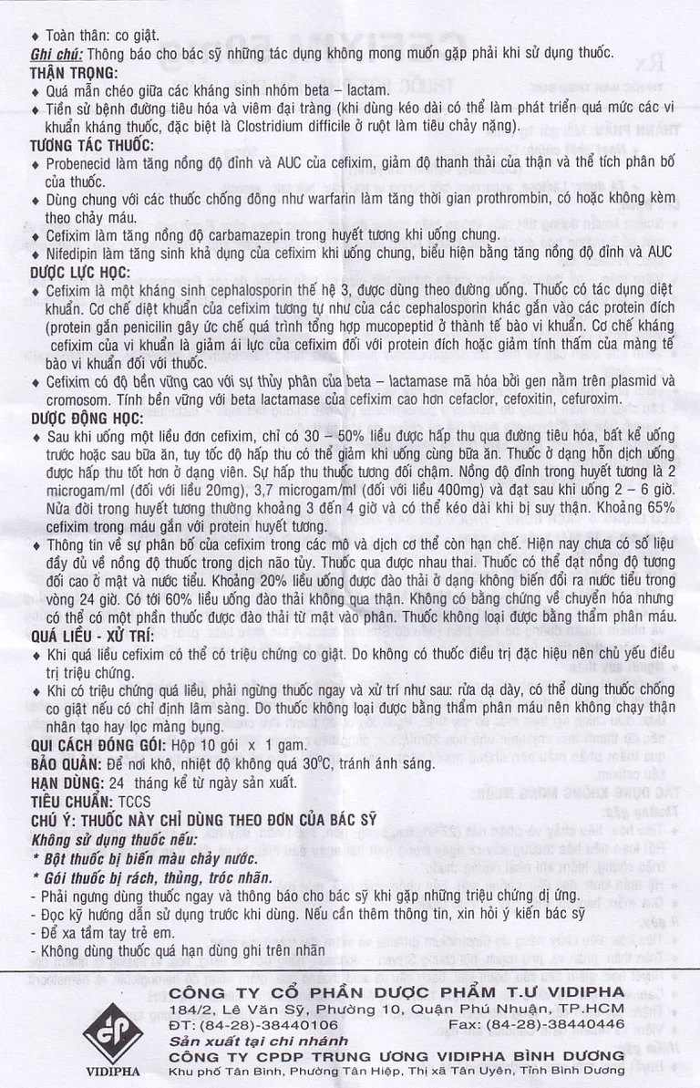 Bột pha hỗn dịch uống Cefixim 50mg Vidipha điều trị nhiễm khuẩn (10 gói)