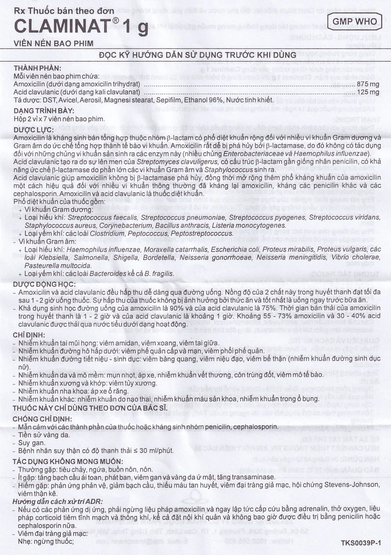 Thuốc Claminat 1g Imexpharm điều trị nhiễm khuẩn (2 vỉ x 7 viên)
