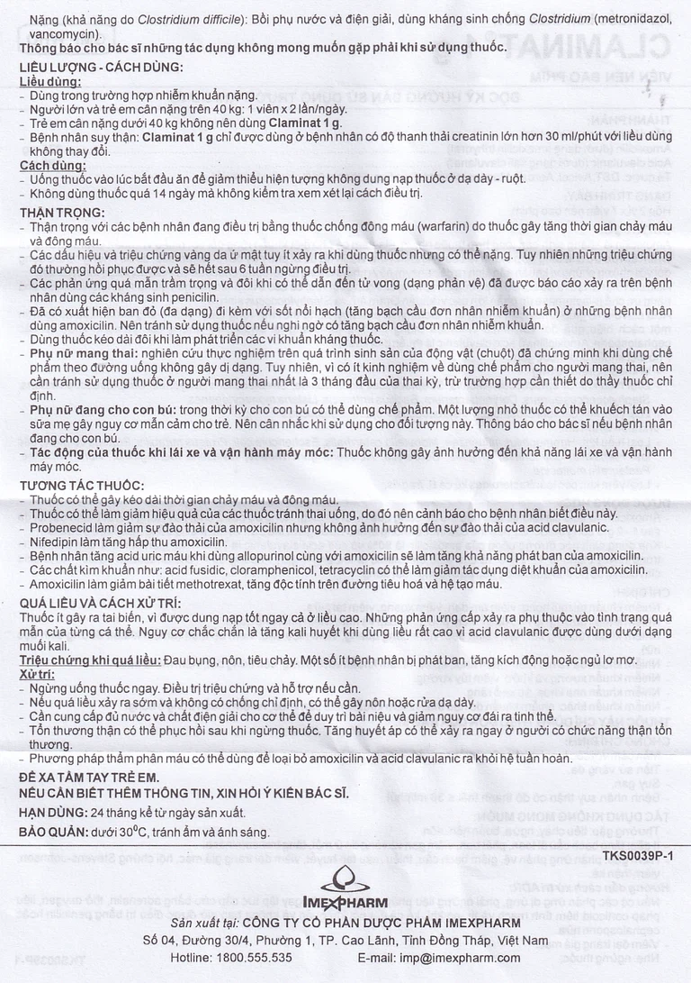 Thuốc Claminat 1g Imexpharm điều trị nhiễm khuẩn (2 vỉ x 7 viên)