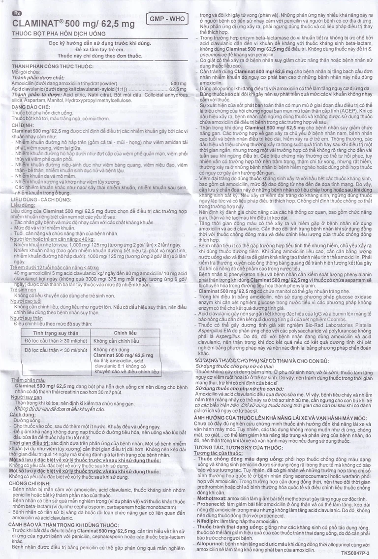 Thuốc bột pha hỗn dịch uống Claminat IMP 500mg/62.5mg điều trị nhiễm khuẩn (12 gói)