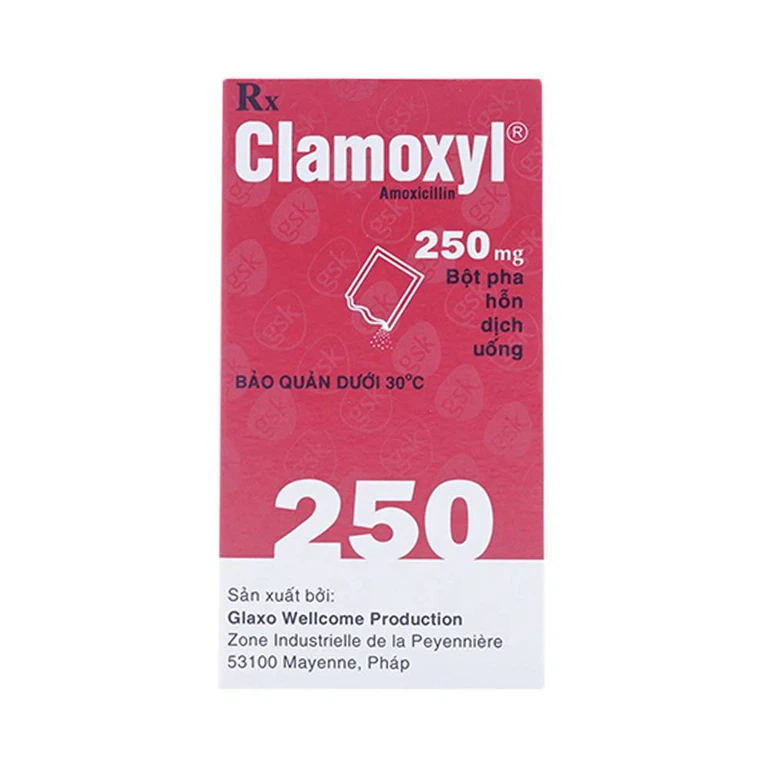 Bột pha hỗn dịch uống Clamoxyl 250mg GSK điều trị nhiễm khuẩn (12 gói)
