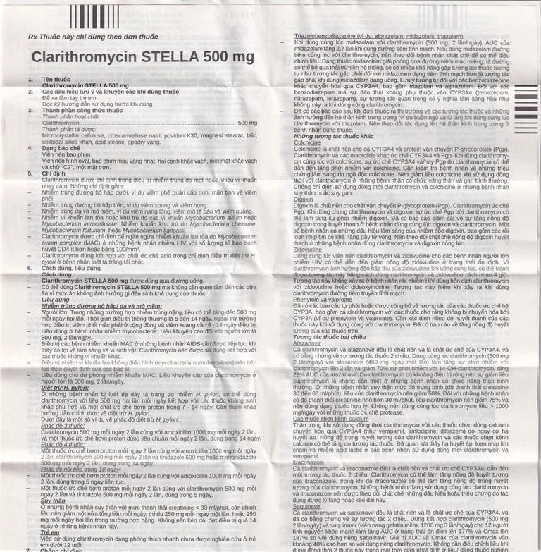 Thuốc Clarithromycin Stella 500mg điều trị nhiễm trùng (4 vỉ x 7 viên)